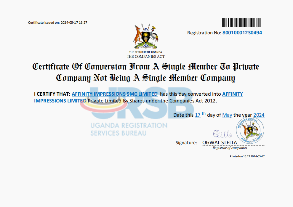 URSB certificate of Incorporation